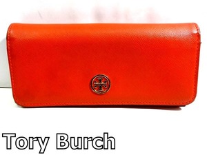 X4L060◆本物◆ トリーバーチ Tory Burch 本革レザー オレンジ色 二つ折り 小銭入れあり 長財布 ウォレット