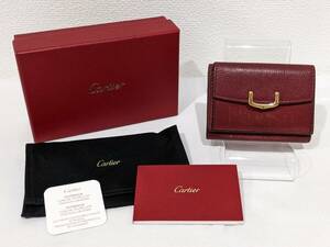 【1円～】Cartier カルティエ Cドゥカルティエ 三つ折り財布 ウォレット ボルドー×ゴールド金具 レザー 小銭入れ有 保存袋 箱付き