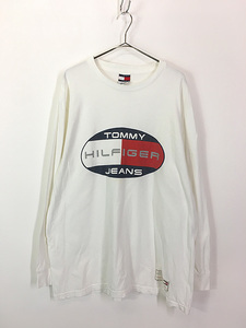 古着 90s USA製 TOMMY JEANS サークル フラッグ ロゴ 長袖 Tシャツ ロンT L 古着