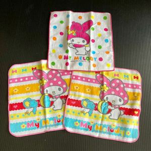 新品★平成　レトロ★サンリオ　My Melody★水玉ずきん　マイメロディ　タオルハンカチ　3点セット★マイメロ＆フラット★ミニタオル