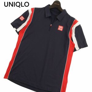 2012年 UNIQLO ユニクロ 錦織圭 春夏 ロゴプリント★ 半袖 ハーフジップ ストレッチ ポロシャツ Sz.M　メンズ ネイビー　C4T05346_5#A