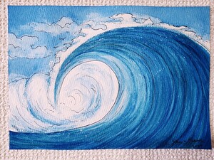 水彩画　海の絵　風景画　世界で１枚　水彩　アート　サーフィン　インテリア　絵画