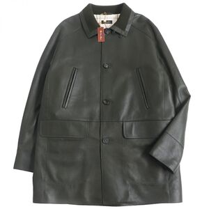 未使用品●Loro Piana ロロピアーナ ディアスキン/鹿革 RAIN SYSTEM 中綿入り 裏地チェック柄 レザーコート ダークグリーン XL 伊製 正規品