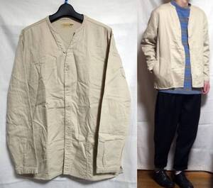 横ポケ付き Vネックシャツ 長袖 M ベージュ 古着 v neck long sleeve shirt