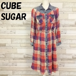 【人気】CUBE SUGAR/キューブシュガー デニム×チェック柄 ロングシャツワンピース ブルー×パープル系 サイズM/6029