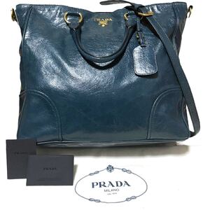 【希少】PRADA プラダ VITELLO SHINE ヴィッテロ シャイン 2way レザーバッグ デニムブルー ハンドバッグ トートバッグ ショルダーバッグ M