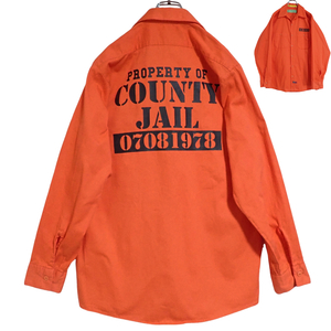 5011/RED KAP 長袖ワークシャツ M●洗濯プレス済●PROPERTY OF COUNTY JAIL 刑務所 囚人服プリント レッドキャップ07081978 古着