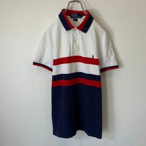 [KWT621] POLO by ラルフローレン 半袖ポロシャツ ホワイト×ネイビー×レッド レディース S ポス