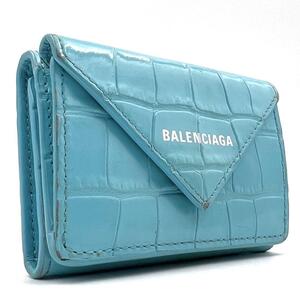 《良品》BALENCIAGA バレンシアガ エブリデイ クロコ型押し ペーパーミニ 三つ折り財布 コンパクトウォレット ブルー