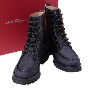 【送料無料】【本物】美品★Salvatore Ferragamo★サルヴァトーレフェラガモ★コンバットブーツ★ガンチーニ★メンズ★デニム×カーフ★10