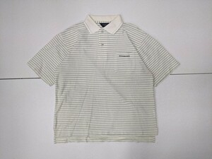 12．日本製 バーバリーゴルフ BURBERRY GOLF ボーダー柄 半袖ポロシャツ メンズM アイボリーグレーx410