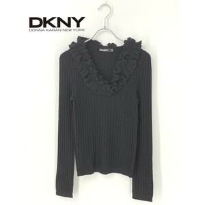 A9464/極美品 春夏 DONNA KARAN ダナキャラン DKNY ウール Vネック 長袖 フリル ニット リブ セーター P/S 黒 レディース カーディガン