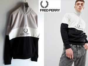 美品 FRED PERRY フレッドペリー Embroidered Paneled Track Jacket ロゴ刺繍 パネル切替 ハーフジップ ジャージ トラックジャケット S