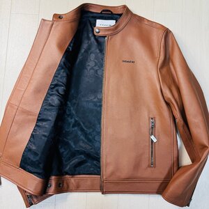 美品/XL-XXL相当★コーチ/COACH 胸ロゴプレート 高級羊革 ラムレザー ライダース シングル ジャケット ブルゾン シグネチャー総柄 メンズ