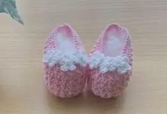 ハンドメイド　ベビーシューズ　ピンク　白花　7センチ