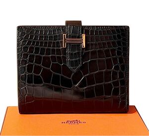 極美品☆エルメス　HERMES 折財布　ベアン　コンパクト BEARN ブラック　黒　ノワール 鰐　クロコダイル クロコ　アリゲーター　マット