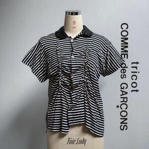 tricot COMME des GARCONS COMME des GARCONS/トリコ コムデギャルソン 変形 スパンコール襟 ボーダー半袖シャツ ブラウス 黒 AD2011