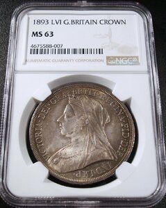 ●イギリス 1893年LVI NGC MS63 ビクトリア女王 ベールドヘッド クラウン銀貨