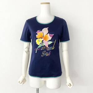 Ff6 LEONARD FASHION レオナール 半袖Tシャツ クルーネック カットソー 美しい花柄刺繍 Mサイズ ネイビー レディース 女性服