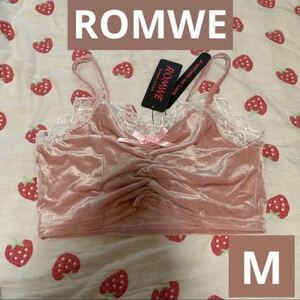 ROMWE ベロア　レース　薔薇リボン付き　ピンク　ミニ　キャミトップ　M