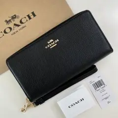 COACH コーチ　ストラップ付き　長財布　ブラック　黒色