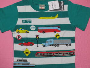 新品 130 乗り物柄 半袖Tシャツ 緑ボーダー 綿100％ 飛行機 バス 電車 船 トミカプラレール風 働く車柄 男の子 夏物 双子 120cm～ 送料無料