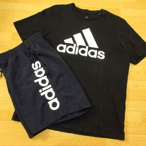 ◎美品！L 上下セット！adidas アディダス◆ジャージ / 半袖 Tシャツ&ハーフ ショートパンツ◆メンズ 黒x紺◆B4639