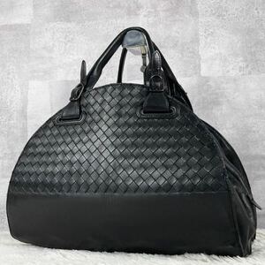 1円 極美品 BOTTEGA VENETA ボッテガヴェネタ ボストンバッグ トート ハンド ビジネス メンズ オールレザー イントレチャート 編み込み 黒