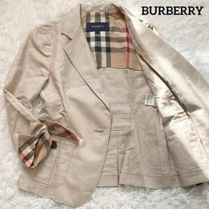 B94 美品　BURBERRY LONDON　バーバリーロンドン　テーラードジャケット　ベージュ　38表記　M相当　麻57％　メガチェック　ノバチェック