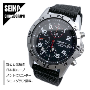 SEIKO セイコー CHRONOGRAPH クロノグラフ 日本製ムーブメント SND399P1 ブラック テキスタイルバンド メンズ 腕時計★新品人気！