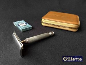 米国製 Gillette 組み立て式 カミソリ 剃刀 ジレット 髭剃り シェーバー USA レザーケース アンティーク USED レトロ