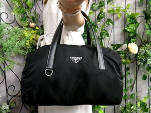 ●超美品●PRADA プラダ●三角ロゴプレート●ポコノ ナイロン カーフ レザー 本革●トート ミニ ボストン バッグ●黒●SV金具●Js47590