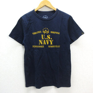 y■アルファ/ALPHA U.S NAVYアーミープリントTシャツ■紺【メンズM】MENS/49【中古】