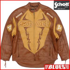 即決★Schott★メンズ XL レザーライダースジャケット ショット 茶 ロング キルティング 本革 シングル 本皮 立襟