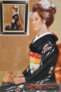 真作保証 荒木義太郎 舞妓座像 油彩 8号 額装 直筆サイン 人物画 美人画 着物 舞妓 油絵 絵画 アート 美術品 等迦会評議員 Aa-196G