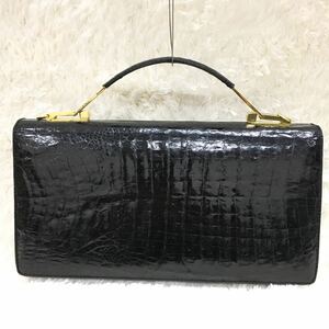 フォーマル 2WAY ショルダーバッグ エキゾチックレザー クロコダイル エナメル 光沢 シャイニング 金具ゴールドカラー ブラック 黒