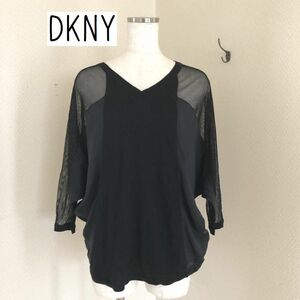 DKNY レディース サマーニット 接触冷感 サテン切り替え ドルマンスリーブ ブラック 無地 黒 セーター