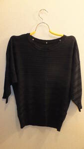 ★ABSOLUTELY★Ladies knit embossment sweater ash sizeL レディースセーター長袖サイズL USED IN JAPAN 紺色　しましま