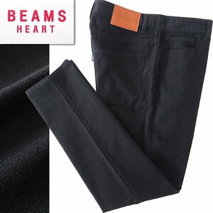 新品 ビームス 微起毛 ピーチスキン 5ポケット パンツ M 黒 【P26643】 BEAMS HEART 秋冬 メンズ テーパード 羊革 レザーパッチ