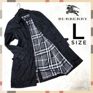 １円～　バーバリー　BURBERRY LONDON　防水　防汚　トレンチコート　ロングコート　ビッグノバチェック　ブラック　Ｌサイズ　ビジネス