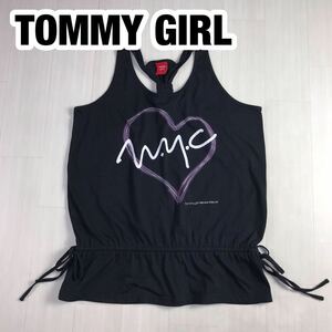 TOMMY GIRL トミーガール キャミソール S ブラック ビッグロゴ プリント タンクトップ 絞りリボン フレア ハート