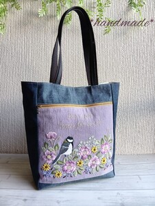 花と鳥の手刺繍* トートバッグ*デニム*グレーパープル* ハンドメイド