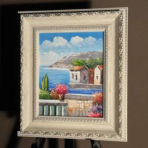 手書き油絵 地中海の風景 額付 絵画 インテリア 油彩画