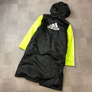 adidas アディダス ベンチコート 防寒 裏ボア　ロングコート　スポーツウェア　climastom 蛍光イエローブラック　サイズ160 古着