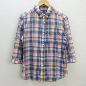 G■ユナイテッドアローズ/UNITED ARROWS RHYTHMOFLIFE 七分袖BDシャツ/チェック柄【L】ピンク系/men