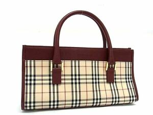 1円 ■極美品■ BURBERRY バーバリー ノバチェック キャンバス×レザー ハンドバッグ トート ベージュ系×レッド系 FD2516