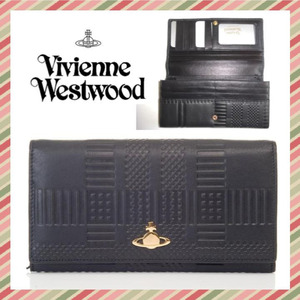 ● Vivienne Westwood 二つ折り 長財布 ORB 型押し 黒 新品 ユニセックス 革 ホック式 ヴィヴィアンウエストウッド ブラック 収納多 レザー