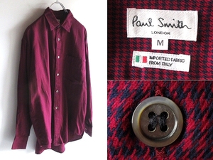 希少 90sビンテージ Paul Smith LONDON ポールスミス ロンドン イタリア製生地使用 千鳥格子柄 チェックシャツ M バーガンディ ネイビー