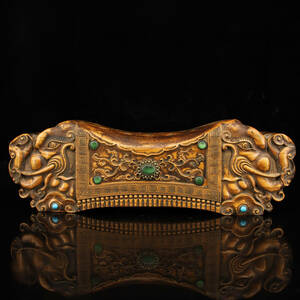 ▽鴻▽ 黄楊木製 細密彫 寶石嵌 枕頭盒 置物 古賞物 中国古玩 中国古美術