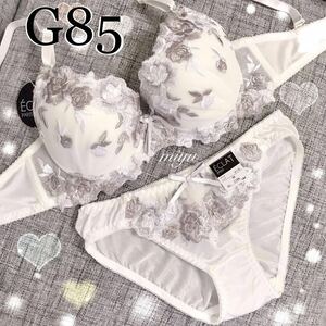 G85★プリンセスローズ ホワイト 白★ブラジャー&ショーツセット★薔薇 刺繍 Gカップ アンダー85 大きいサイズ グラマー 新品 下着★みゆ